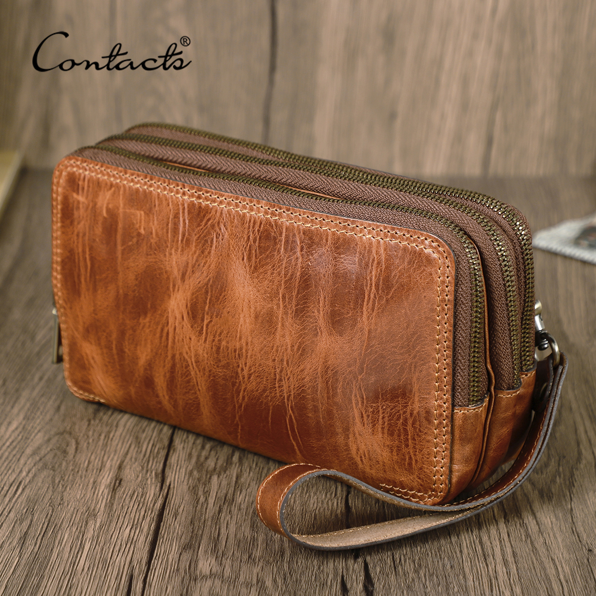 Wristlet Wallet Zipper - CONTACT'S Genuine Leather Men Clutch Bags