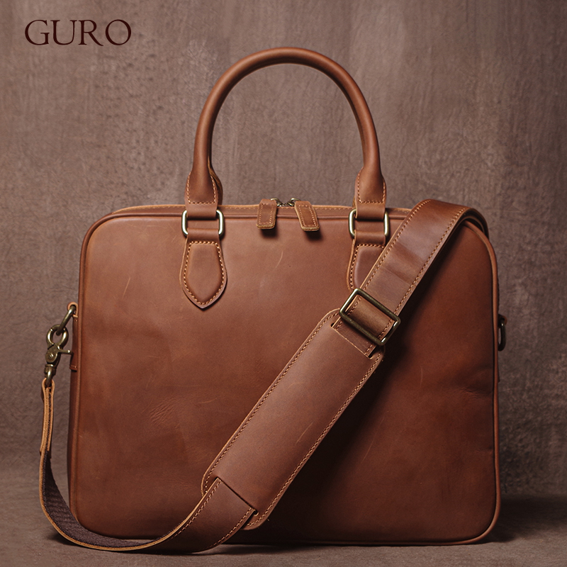 Luxury Bags For School - GURO Men Crazy Horse Cowhide Briefcase